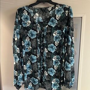 Torrid Black and Blue Floral and skull Blouse